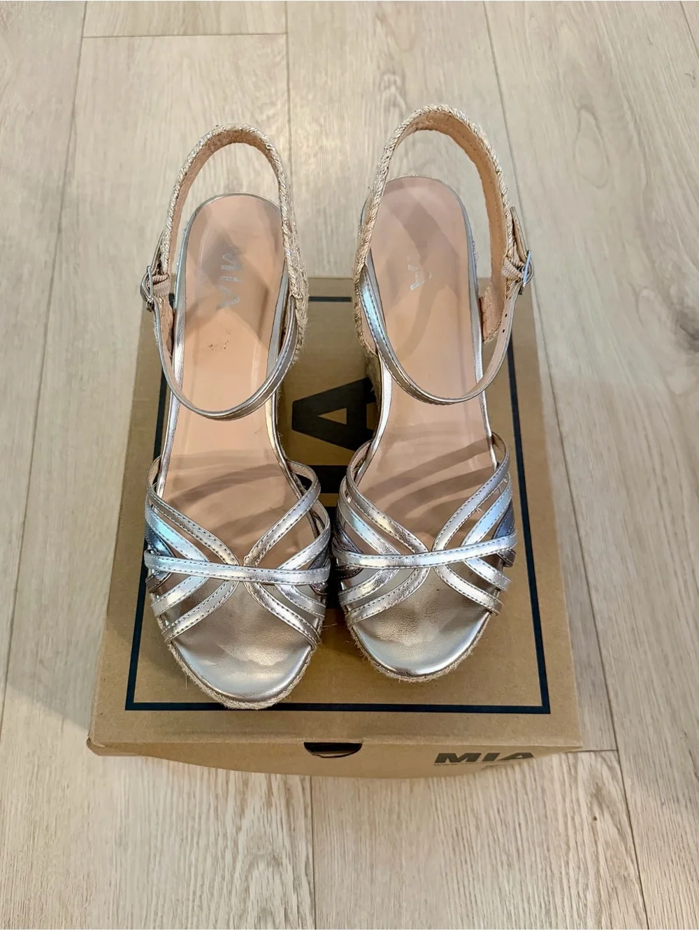 MIA Tara Metallic Silver Espadrille Wedge Sandals